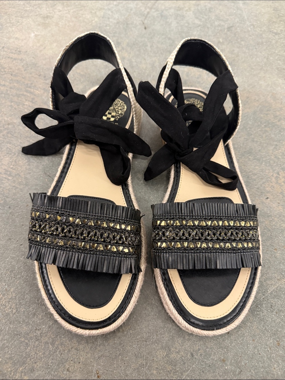 Vince Camuto Black Raffia-Trim Embellished Ankle-Tie Sandals
